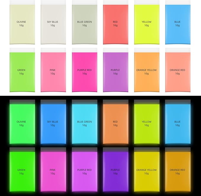 Glow in The Dark Pigment Powder,12 Colors Epoxy Resin Dye Luminous Pigment Powder,for Nail Art,Resin, DIY Crafts,Paint Glow.10g/0.35oz