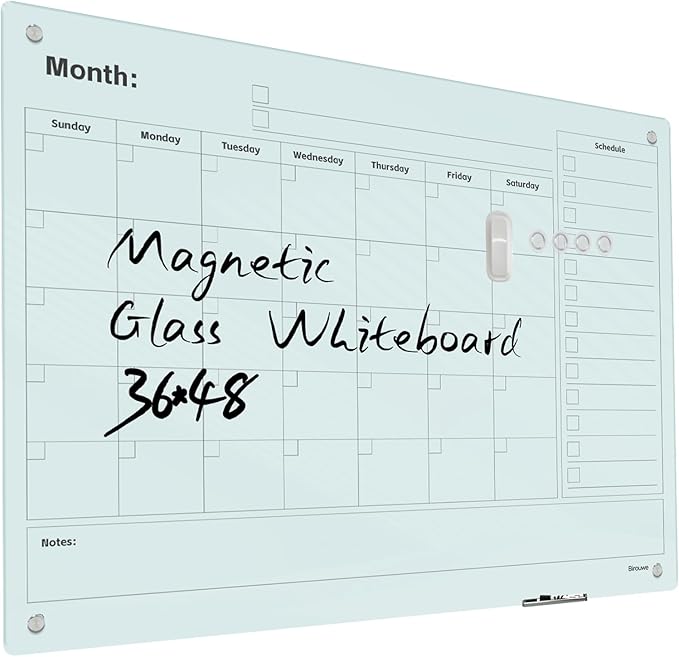 Magnetic Glass Whiteboard - Glass Monthly Calendar Dry Erase Board 48"x36" Large Frameless Glass Board for Walls Office School and Home