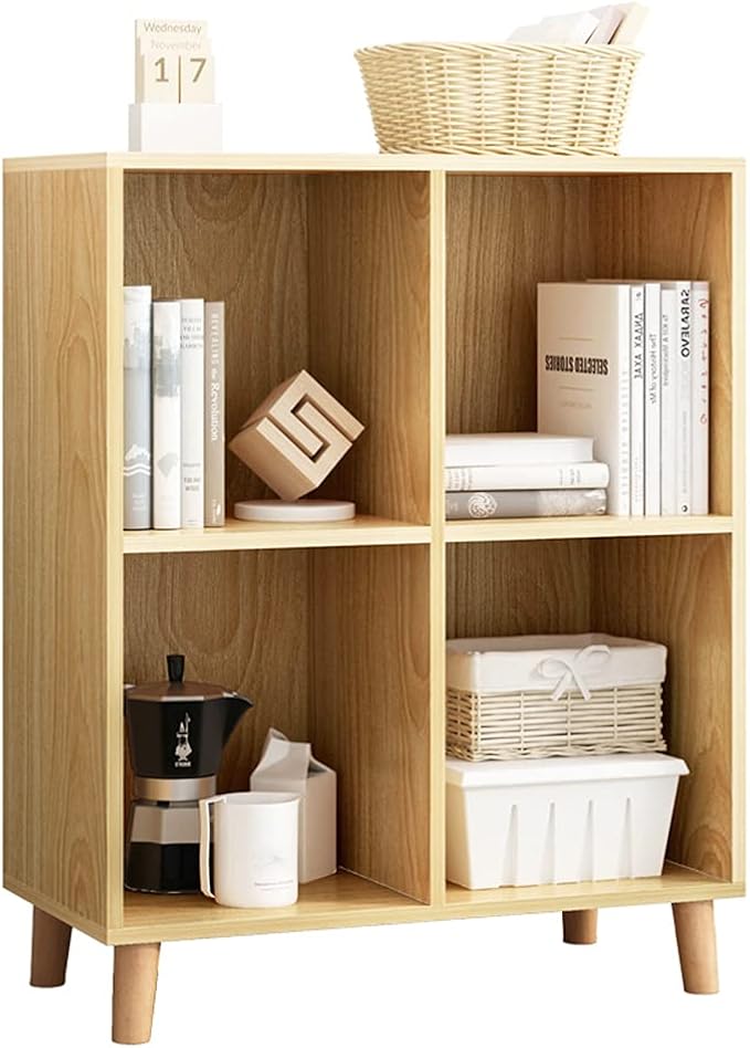 IOTXY Freestanding Open Cubes Bookcase - 2-Tier Floor Standing Wooden Storage Display Cabinet Organizer with Legs for Home Office, 4-Cubes Open Shelf Low Short Bookshelf, Oak