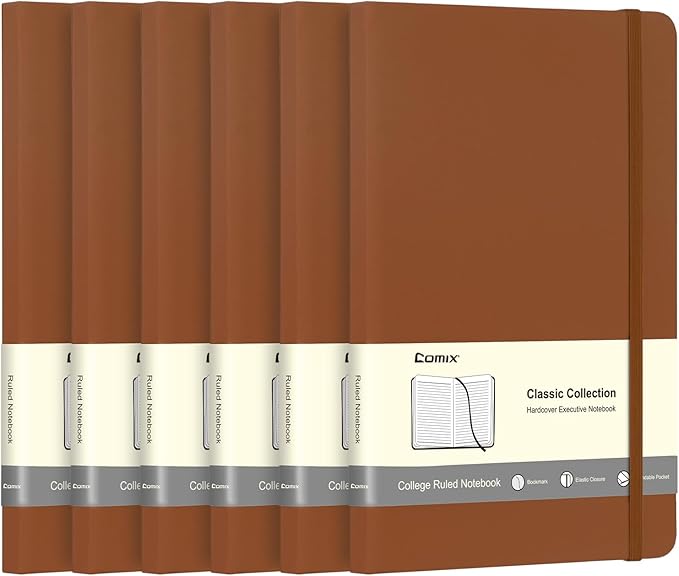 Comix 6 Pack Lined Journal Notebooks for Work, 240 Pages, 5.5"x8.3", Brown, Hardcover, A5 Medium College Ruled, Journaling Notebooks for Notes-taking, Fits for Office School Home
