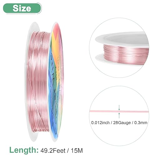 0.3 mm/28 Gauge Copper Wire for Jewelry Making, 49.2FT Copper Beading Craft Wire for Jewelry/Weaving/DIY Crafting/Planting, Color-Retaining [15M, Rose Gold]