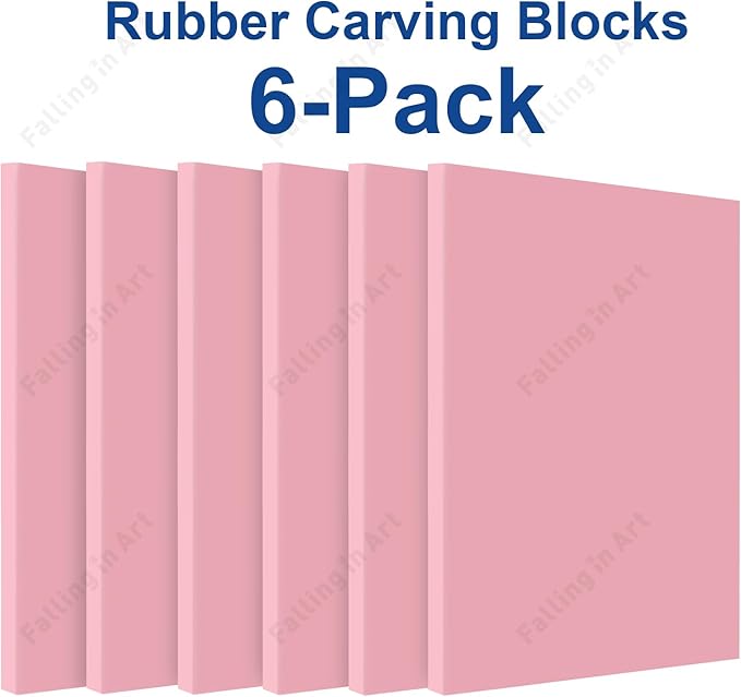 Falling in Art 4 x 6" Pink Rubber Carving Blocks, 6 Pack Soft Linoleum Blocks for Printmaking, Stamp Making, and DIY Crafting, 4/17" Thick