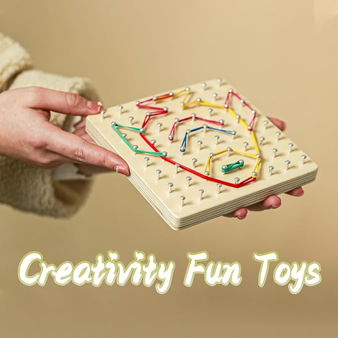 2Pack Wooden Geoboard Montessori Toys - Wood Geo Board Manipulative Geoboards for 4 5 6 Year Old Kids with Pattern Cards and Rubber Bands,Brain Teaser STEM Toy for Boys Girls Ages 3-6