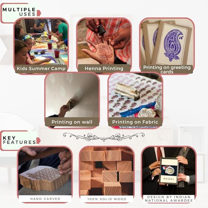 Wooden Stamp Block, Printing Stamp Design Set | Block for Printing Saree Border | Dresses, Craft Card Making, Scrapbook, Clay Pottery | Set of 5 | Hashcart®