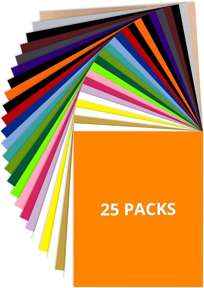 JANDJPACKAGING Heat Transfer Vinyl - 25Pcs HTV Vinyl with Vibrant Colors, Easy to Cut & Weed & Transfer Iron on Vinyl for T-Shirts, 12 x 10in HTV for Heat Press Machine