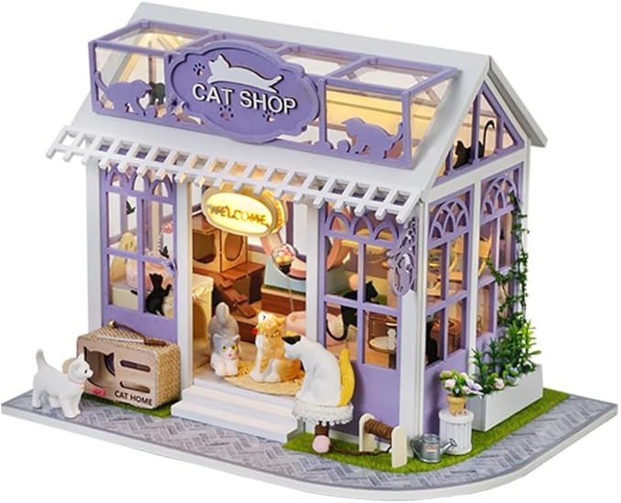 TuKIIE DIY Miniature House Kit with Furniture, 1:24 Scale Creative Room Mini Wooden Dollhouse Book Nook Plus Dust Proof & Music Movement for Kids Teens Adults(Cat Shop)