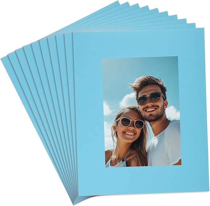 uxcell 10Pcs Picture Mats, 8 x 10 Mat Board Center for 5 x 7 Pictures Acid Free White Core Bevel Cut Frame Mattes for Display Art Measuring, Sky Blue Blue