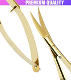 Cross Edge Curved Spring Scissors 5 Inch Stainless Steel Precision Eyebrow & Eyelash Shaping & Trimming Scissor, Snips Squeeze, Embroidery, Knitting Micro Tip Craft Scissors (Gold)