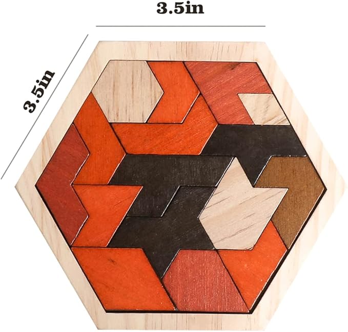 Skrtuan Wooden Puzzle Hexagon Tangram Puzzle for Kids Adults Brain Teasers Puzzles Game Challenge Toy Shape Pattern Block Tangram Family Portable Montessori Educational Gift for Kids Boys Girls