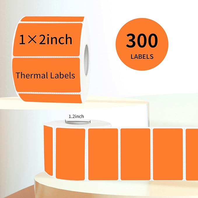 2x1 Inch Thermal Labels, Orange Thermal Printer Stickers, Waterproof Self-Adhesive Shipping Label Printer Sticker for Barcode, Name, Address, 300 Labels/Roll