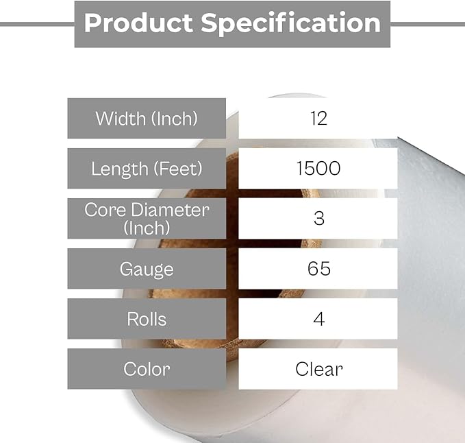 PSBM Stretch Wrap, 4 Pack, 12 Inch x 1500 Feet, 65 Gauge, Clear Plastic Cling, Cast Hand Stretch Film Rolls for Packaging Moving Packing Pallets