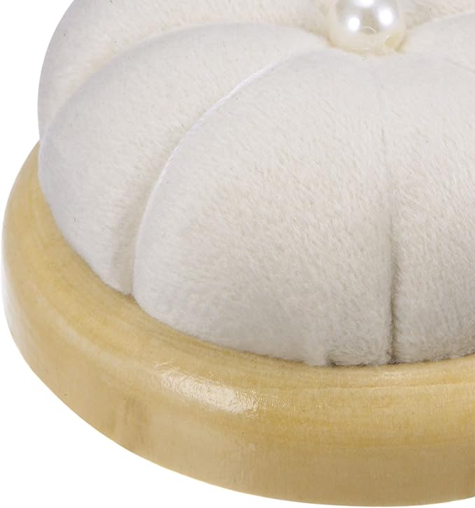 HARFINGTON Wooden Base Pin Cushion Japanese Style Cute Needle Holder Pincushions Round for Sewing Quilting Needlework DIY Crafts, Cream