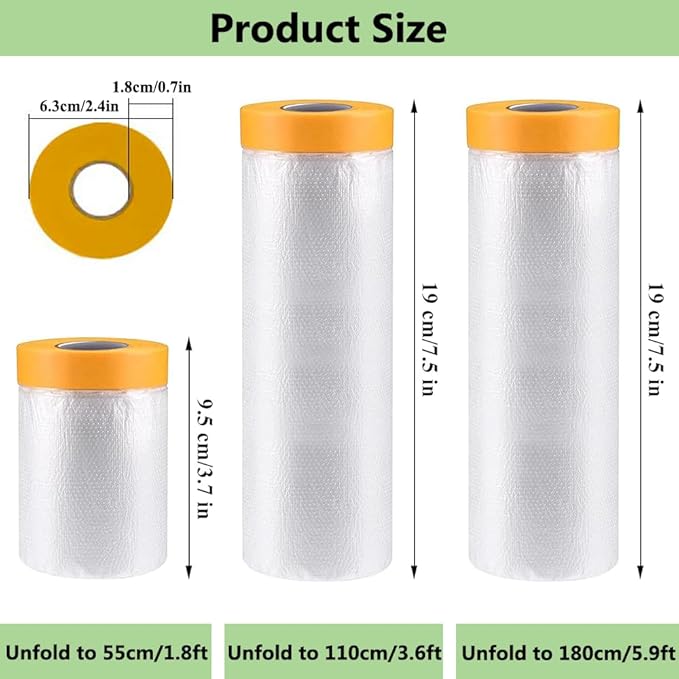 Pre-Taped Masking Film-22inx65ft Tape and Drape Painters Plastic Rolls, Plastic Painting Film for Automotive Painting Covering,Protective Drop Film for Furniture, Car, Floor (4rolls, 22in×65ft)