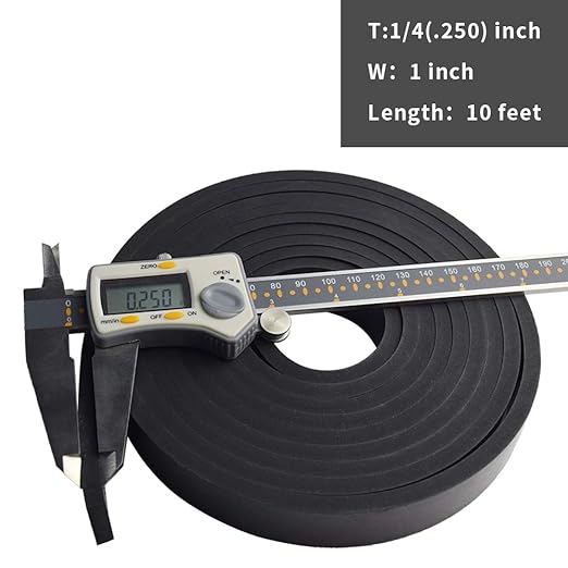 DOBTIM Thick Solid Neoprene Rubber Strips 1/4 (.250)" Thick X 1" Wide X 10' Long, Rubber Sheets, Rolls & Strips Use for Supports, Leveling, Sealing, Bumpers, Protection, Abrasion, Flooring