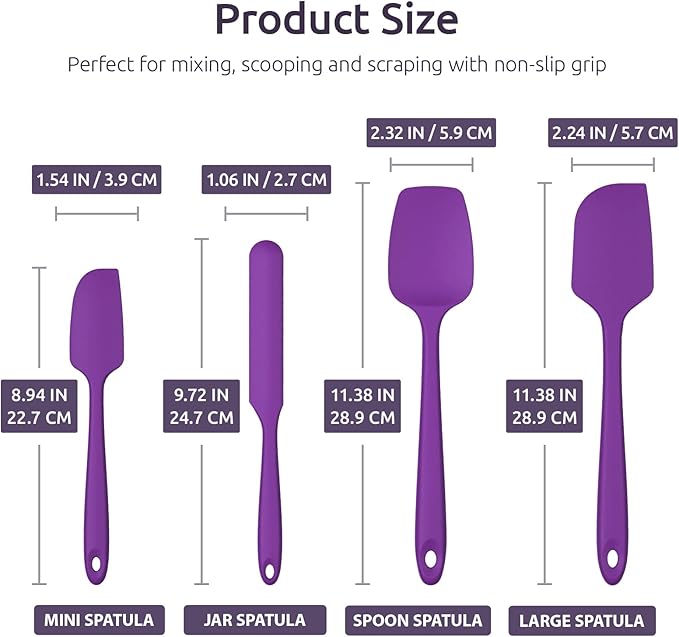 Heat Resistant Silicone Spatula Set: U-Taste 600ºF High Temp Seamless Food Grade Utensil, Flexible Rubber Silicon Kitchen Cooking Mixing Baking Scraper for Nonstick Cookware Set of 4 (Purple)