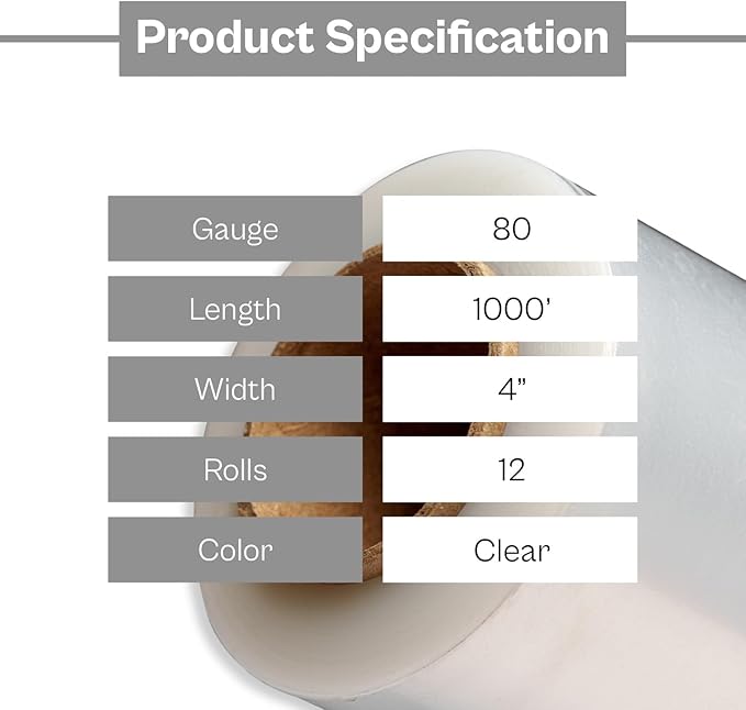PSBM Mini Stretch Wrap with Handle, 12 Pack, 4 Inch x 1000 Feet, 80 Gauge, Clear, Small Plastic Cling Film for Pallets Moving Storing