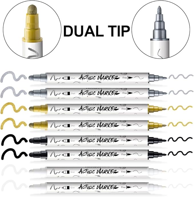TRANSON 2 Gold, 2 Silver, 2 Black and 2 White Paint Markers Bold and Fine Dual-tip Acrylic Paint Marker Set for Rock Painting Glass Canvas Wood Leather Ceramic Painting