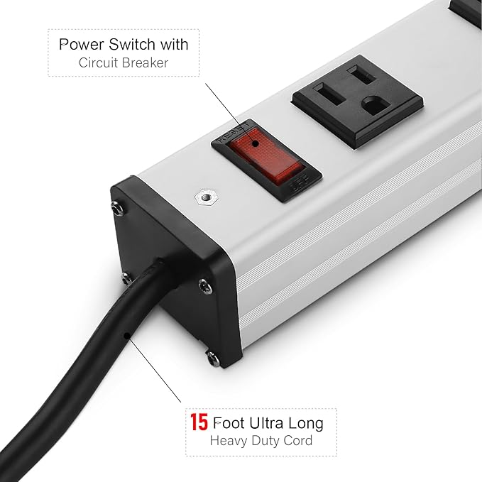 Heavy Duty Power Strip - 16 Outlet Large Metal Industrial Power Strip, 15FT Cord, 15A, 125V, 1875W (Silver)
