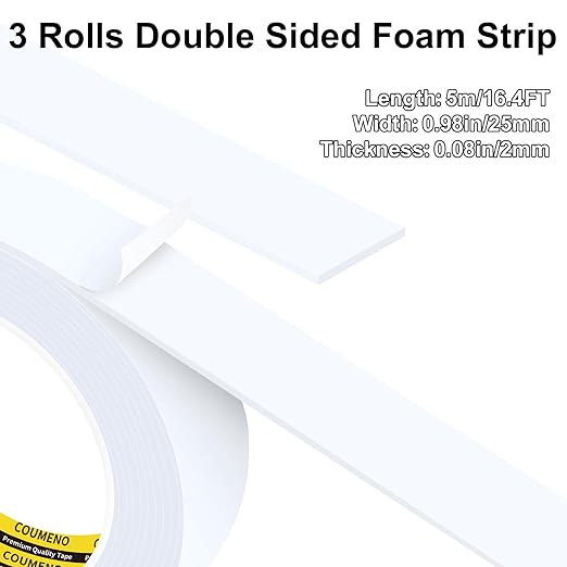 3Pack 1inX16.4FT (Total 49.2FT) Double Sided Foam Strip, EVA Foam Tape, Double Sided Sponge Adhesive Mounting Tape for Home Office Decor White