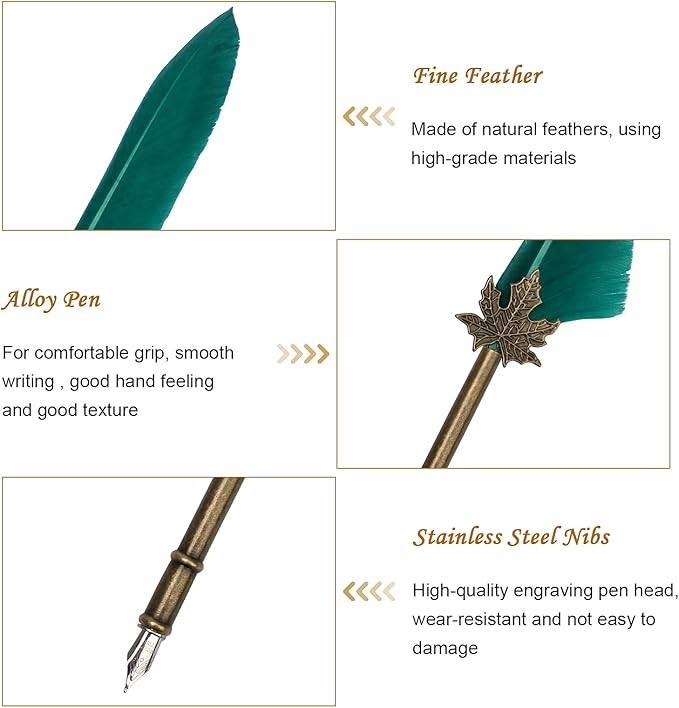 AHIER Quill Pen and Ink Set, Feather Pen Quill Pen Set Includes 5 Steel Replacement Nibs,Pen Nib Base and Dip Ink Bottle for Antique Calligraphy