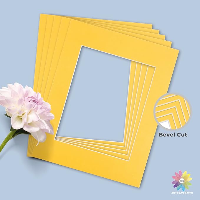 Mat Board Center, Pack of 10, 11x14 for 8x10 Deep Yellow Color Mats - Bevel Cut, Acid Free, 4-ply Thickness, White Core - for Pictures, Photos, Framing