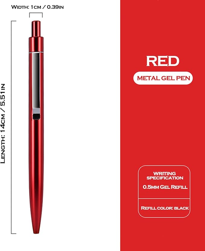 DUNBONG Red Metal Gel Pen, Black Ink, 0.5mm Retractable Ballpoint Pen (Red)