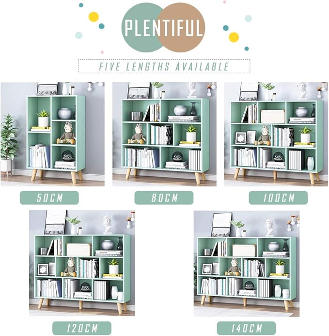 IOTXY Wooden Open Shelf Bookcase - 3-Tier Floor Standing Display Cabinet Rack with Legs, 10 Cubes Kids Bookshelf, Tiffany-Green