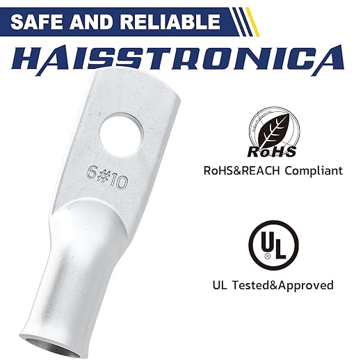 haisstronica 10pcs 6 AWG - #10 Tinned Copper Battery Lugs, Heavy Duty Copper Wire Lugs with 10pcs 3:1 Adhesive Heat Shrink Tubing, 6 Gauge Wire Lugs, Tinned Copper Battery Cable Ends