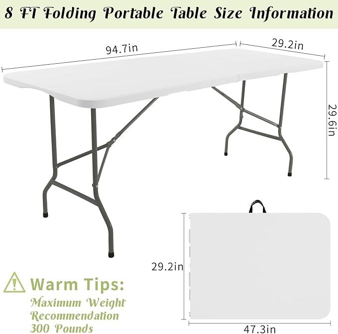 8 FT Folding Tables White Foldable Table, Fold-in-Half with Carrying Handle Portable Plastic Rectangular Table for Party, Dining, Wedding, Camping, Picnic, Indoor Outdoor Events
