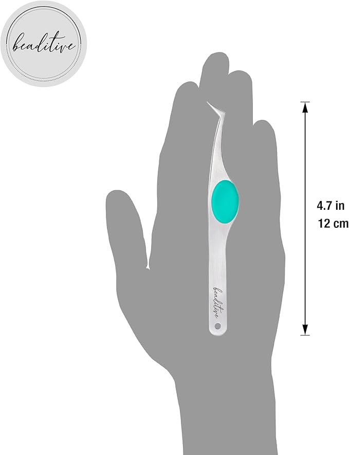 Beaditive High Precision Angled Tip Tweezers with Cushion Grip - 4.7" Craft Tweezers for Sewing, Beading & DIY Crafts - Non-Serrated Jewelry Tweezers with Fine Angled Tips - Stainless Steel (Teal)