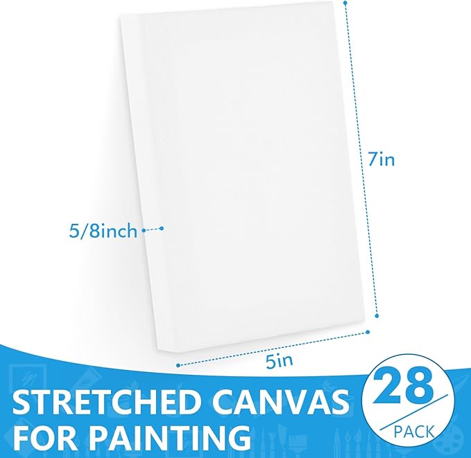 ESRICH Stretched Canvas for Painting 5x7, 28 Pack Small Canvases 5/8" Profile Primed Acid-Free Blank Canvas for Kids & Artists