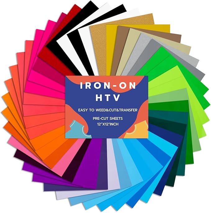 Heat Transfer Vinyl Bundle 42 Pack 12" x 10" Sheets Iron on Vinyl 32 Assorted Colors for Shirts DIY Design for All Cutter and Heat Press Machine