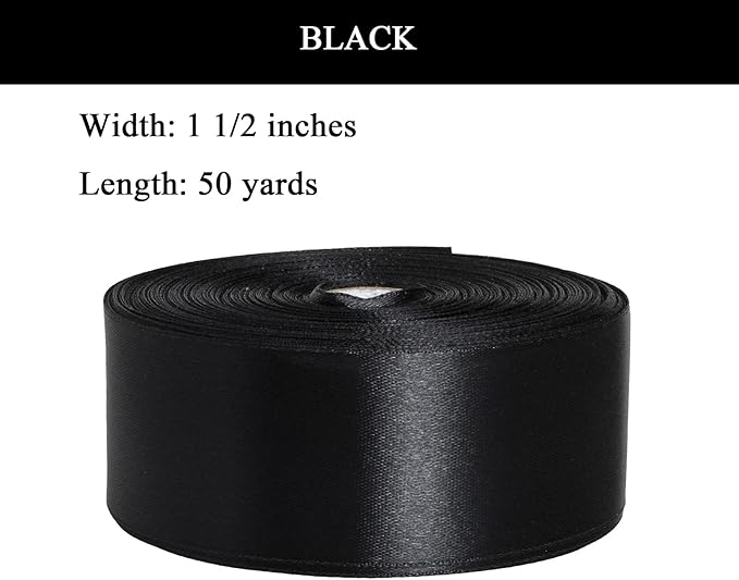 1 1/2 Inch Black Solid Satin Ribbon, 50 Yards Craft Fabric Ribbon for Gift Wrapping Floral Bouquets Wedding Party Decoration
