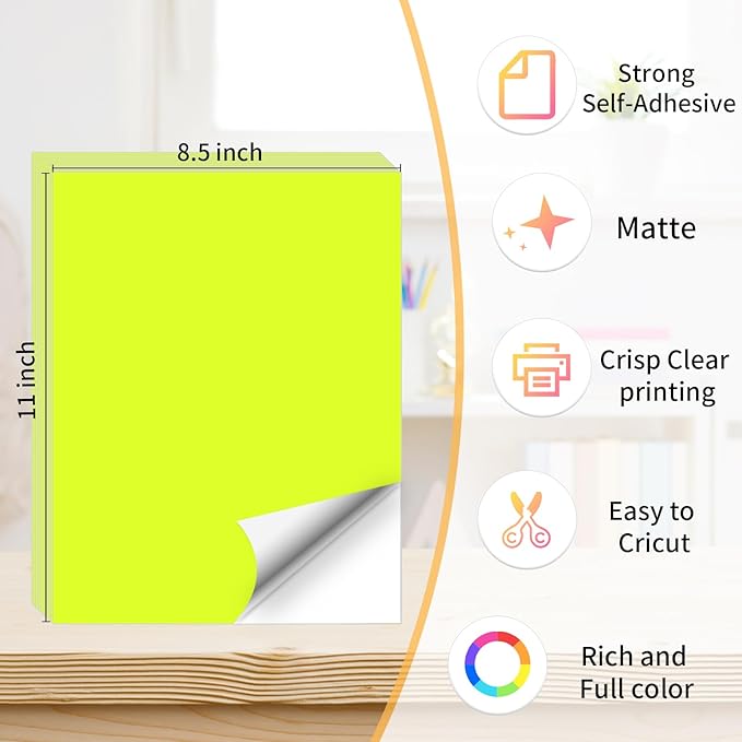 Neon Yellow Sticker Paper Labels for Laser & Inkjet Printer, Fluorescent Yellow Printable Sticker Paper- Matte, Letter Size 8.5" x 11"