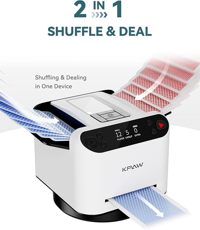 Automatic Card Shuffler and Dealer - 1-2 Decks Support 12 Players, 4 Drawing Remotes, Auto Post-Shuffle Deal, Consecutive/Random Dealing, for Poker, Blackjack, UNO, Phase 10, Five Crowns (White)