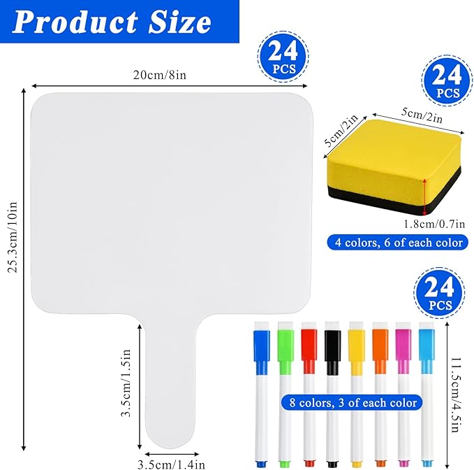 24 Pcs Dry Erase Answer Paddle, 10 x 8 Inch Auction Paddles with Markers and Erasers, Handheld White Board with Handle for Teaching Meeting Bidding Voting Games (Double Sided)