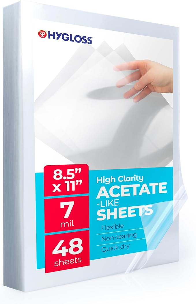 Hygloss 8.5" x 11" Acetate Paper - 7 Mil Clear Acetate Sheets for Crafts Projects, Classroom Stencil Sheets, Overhead Transparency Sheets for Projector, Clear Plastic Sheet (Not for Printers) 48 Pack