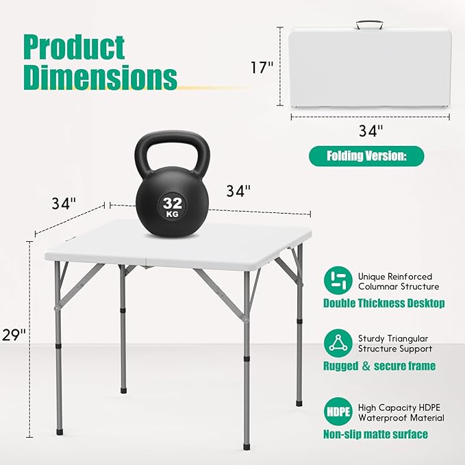 HLPB 34'' Square Folding Card Table 2 Pcs, Fold-in-Half Portable Dining Table with Handle and Safety Lock, Foldable Plastic Dining Table Indoor Outdoor for Camping, Picnic and Party Event, White