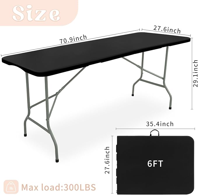 Set of 2 Folding Table 6 FT Lightweight Camping Table Portable Plastic Rectangular Outdoor Dining Table Steel Legs Fold-in-Half with Carrying Handle for Indoor,Picnic,Party,Wedding,Events(Black)