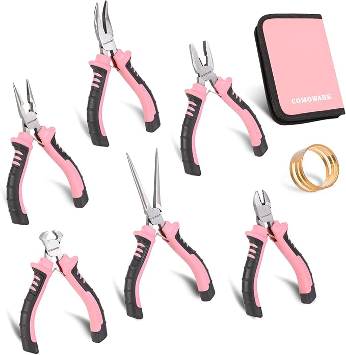 COMOWARE 6-Piece Mini Pliers Set, Needle Nose, Long Nose, Bent Nose, Diagonal, End Cutting and Linesman, for Crafts Work, Electronic Repair, with Pink Pouch