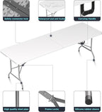 HLPB Folding Table Picnic Table, 8 ft Portable Camping Table with Handle and Safety Locks, Foldable Table Plastic Dining Table Indoor Outdoor for Camping, Picnic and Party