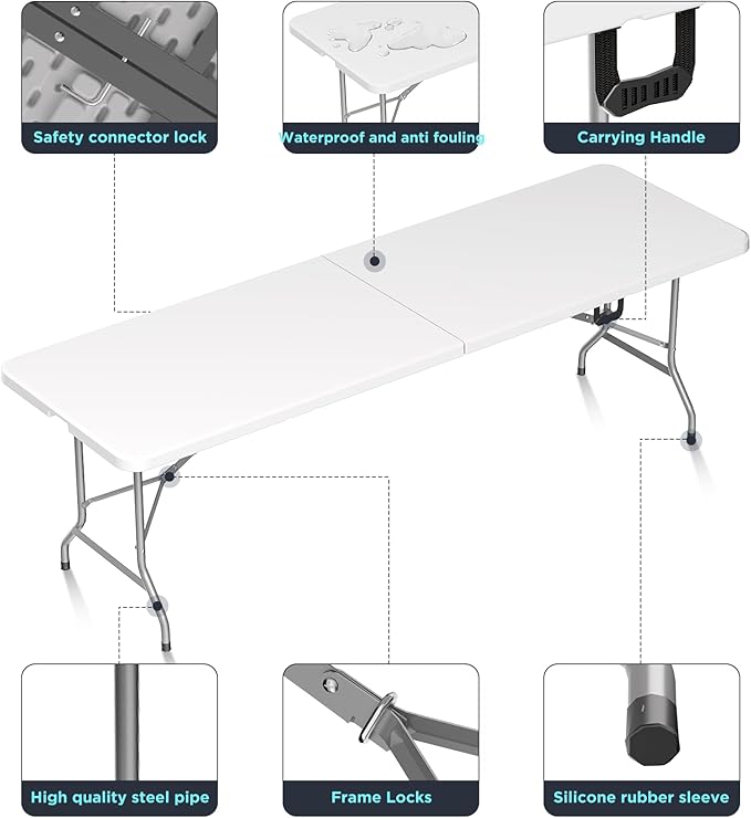 HLPB Folding Table Picnic Table, 8 ft Portable Camping Table with Handle and Safety Locks, Foldable Table Plastic Dining Table Indoor Outdoor for Camping, Picnic and Party