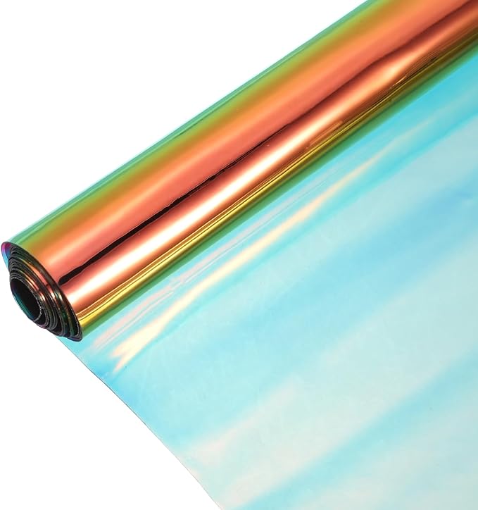 MECCANIXITY Holographic Clear PVC Vinyl Film Holographic PVC Fabric Waterproof Dichroic Film 12 x 48 Inch for Handbags Bows Earrings DIY Craft,Laser Orange Yellow