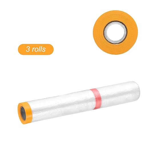 HARFINGTON 3 Rolls Pre-Taped Masking Film 177.2" x32.8ft Double Adhesive Tape and Drape Painters Plastic Drop Cloth Film with Tape Plastic Sheeting for Automotive Painting Covering