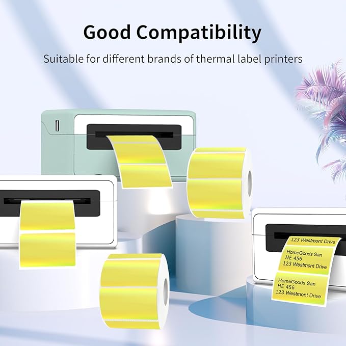 2.25"x1.25" Direct Thermal Labels, Holographic Thermal Printer Labels for Barcode, Self-Adhesive Address Shipping Thermal Label Stickers-1 Roll, 300 Labels, Holographic Yellow