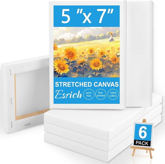 ESRICH Small Canvases for Painting, 6 Pack Canvas 5x7 Inch Stretched Canvas 2/5" Profile Primed Acid Free Painting Canvas for Kids for Oil Paint,Watercolor,Acrylic Paint,Gouache &Tempera.