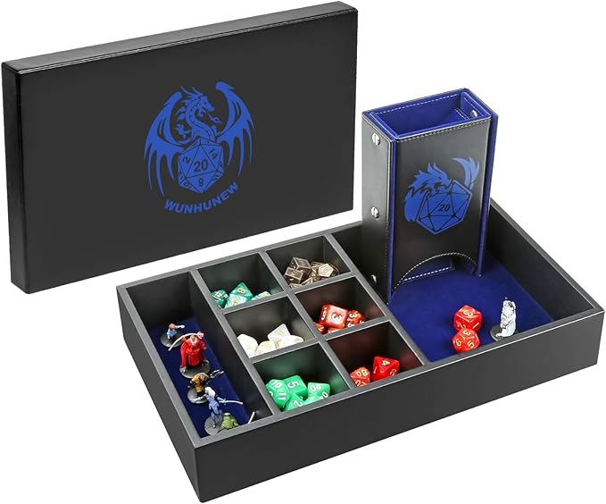 DND Dice Tray & Tower Storage Box, 4 in 1 D&D Dice Holder Case (Dice Rolling Tray, Dice Roller Tower, Dice & Miniature Storage), Great RPG Accessories Gifts for Dungeons and Dragons MTG DM & Player
