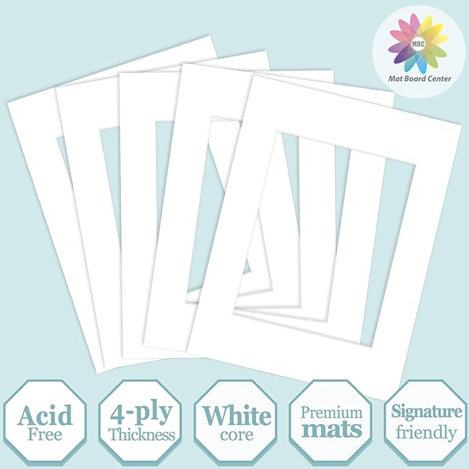 MBC Mat Board Center, 5 Pack 12x16 for 8.5x11 White Picture Mats Frame Mattes, Bevel Cut, Acid Free, 4-ply Thickness