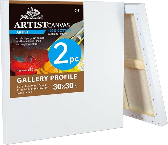 PHOENIX 30x30 Inch 2 Pack Gallery Canvas - 1.5 in Thick Large Square Canvases for Painting - Deep Edge 100% Cotton 11 Oz. Gesso Primed White Blank Professional Canvas Oil & Acrylic Paints