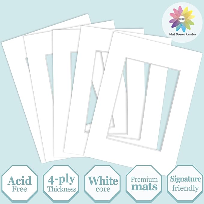 MBC Mat Board Center, 5 Pack 5x7 for 3.5x5 White Picture Mats Frame Mattes, Bevel Cut, Acid Free, 4-ply Thickness
